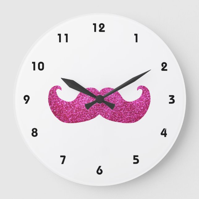 Pink Bling Moustache (Faux Glitter Graphic) Large Clock (Front)