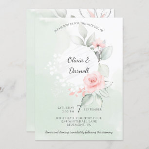 Pink Bliss Roses Pastel Green Wash Wedding Invitation