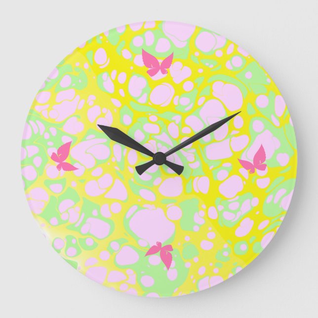 Pink Blobs and Butterflies Large Clock (Front)