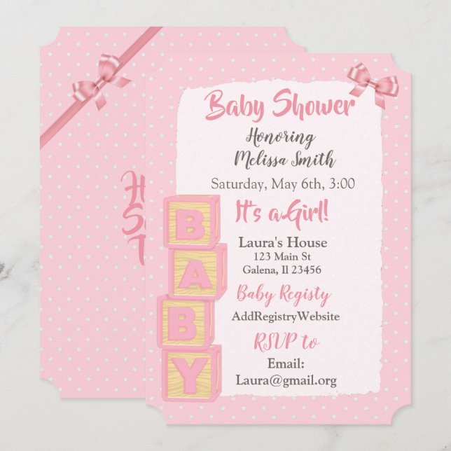Pink Blocks and Bows  Baby Girl Baby Shower Invitation (Front/Back)