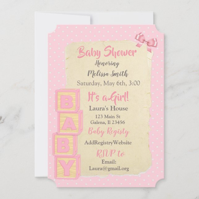 Pink Blocks and Bows  Baby Girl Baby Shower Invitation (Front)