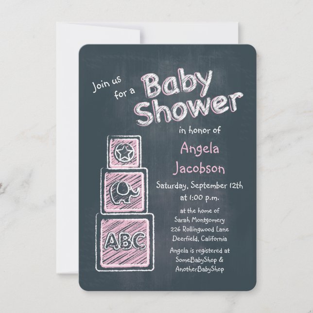 Pink Blocks Chalkboard Baby Shower Invitation (Front)