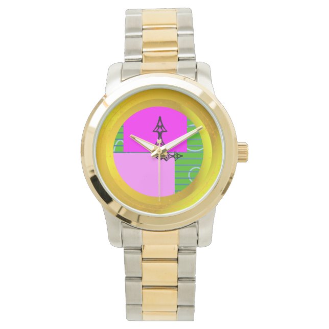 Pink Blocks on Geometric Green Watch (Front)