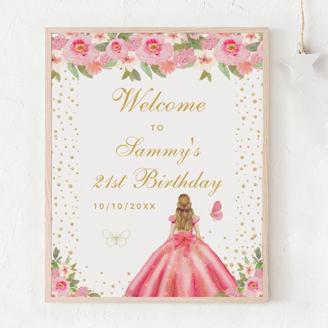 Pink Blonde Hair Girl Birthday Party Welcome Poster (Creator Uploaded)