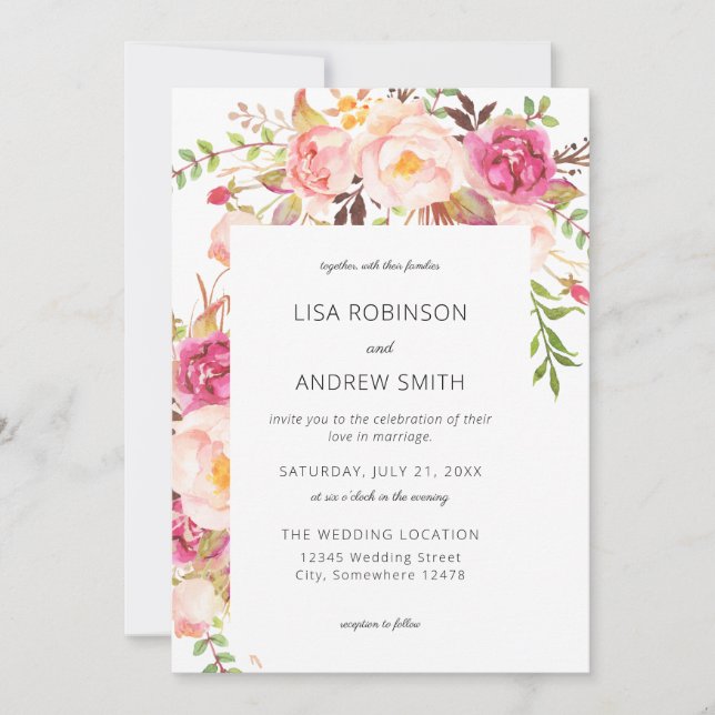 Pink Blooming Blush 2 Floral Wedding Invitation (Front)