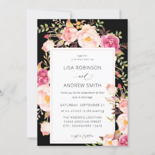 Pink Blooming Blush Floral Wedding V3 Black Invitation