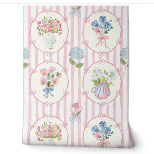 Pink Blooming Bow Stripe Wallpaper