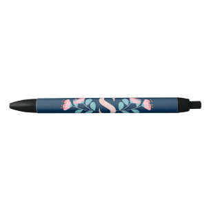 Pink blooming flowers in Scandinavian style Black Ink Pen