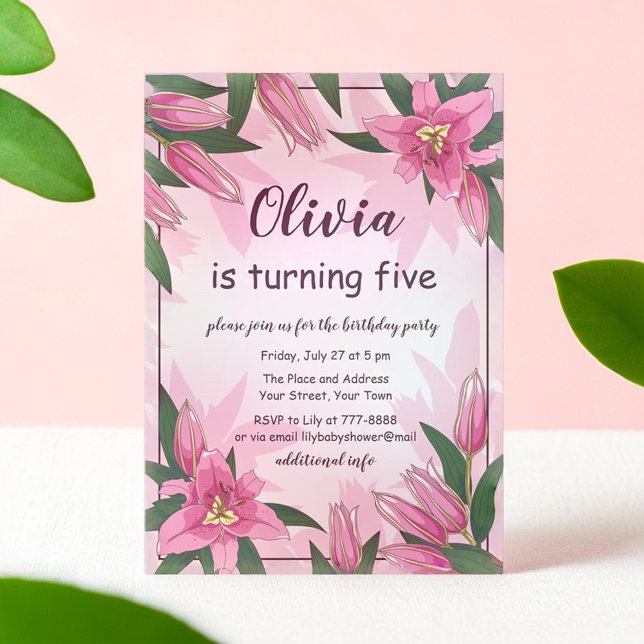 Pink Blooming Lilies Birthday Party  Invitation (Pink Blooming Lilies Birthday Party Invitation)