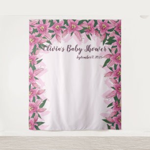 Pink Blooming Lilies Surrounding Backdrop Tapestry