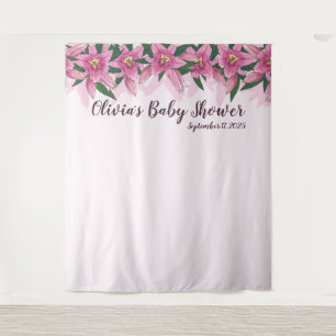 Pink Blooming Lilies Top Line Baby Shower Backdrop Tapestry