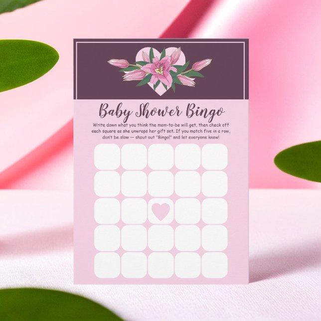Pink Blooming Lily Baby Shower Bingo Game Card (Pink Blooming Lily Baby Shower Bingo Game Card)