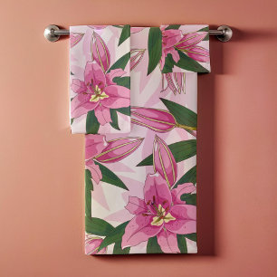 Pink Blooming Lily Bath Towel Set