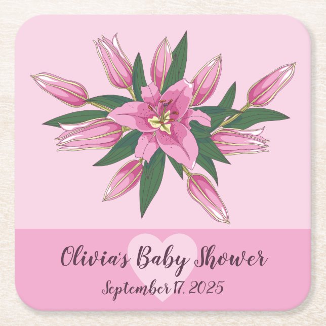 Pink Blooming Lily  Square Paper Coaster (Front)