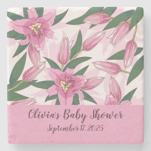 Pink Blooming Lily Stone Coaster (Front)