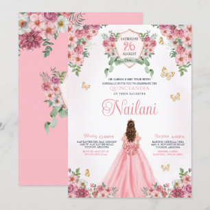 Pink Blooms Butterfly Gold Pink Floral Quinceanera Invitation