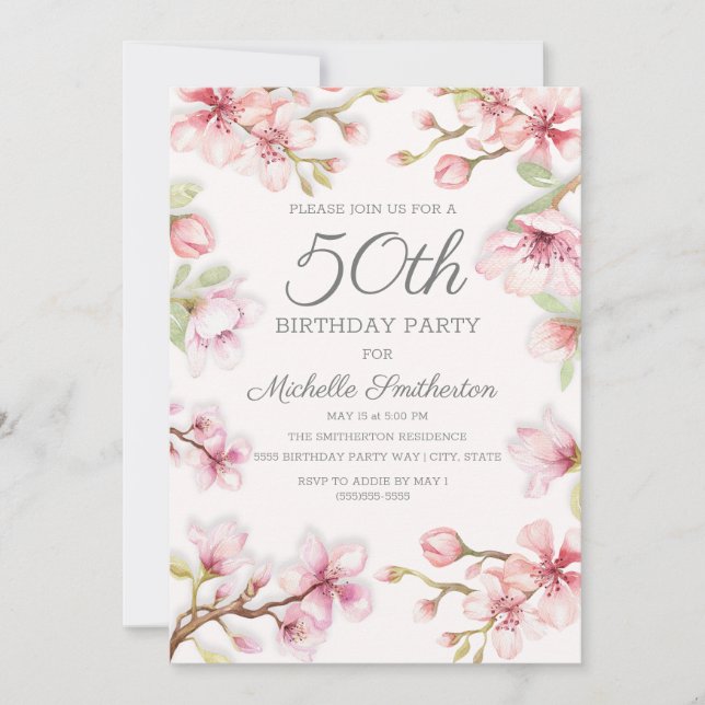 Pink Blooms Green Leaves Women's 50th Birthday Invitation (Front)