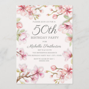 Pink Blooms Green Leaves Women's 50th Birthday Invitation