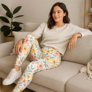 Pink Blooms on White Floral  Leggings