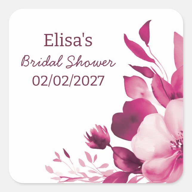 Pink Blooms Watercolor Custom Bridal Shower  Square Sticker (Front)