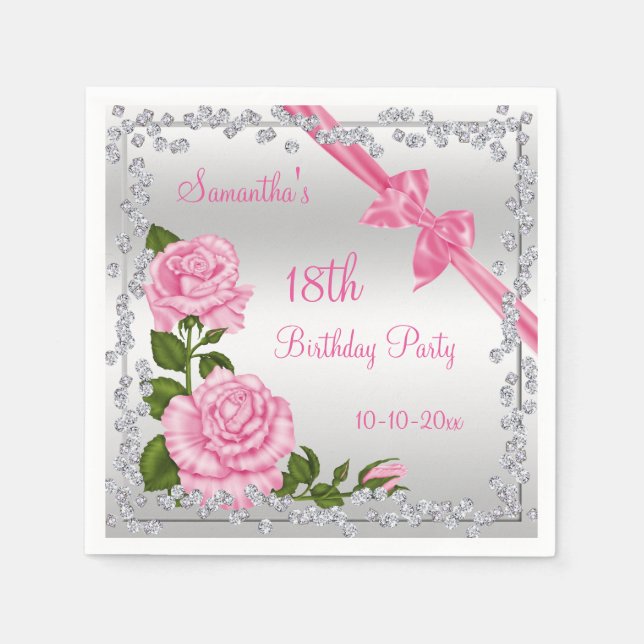 Pink Blossom, Bows & Diamonds 18th Napkin (Front)