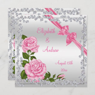 Pink Blossom, Bows & Diamonds Wedding Invitation
