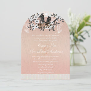 Pink Blossom Branch Vintage Love Birds Wedding Invitation