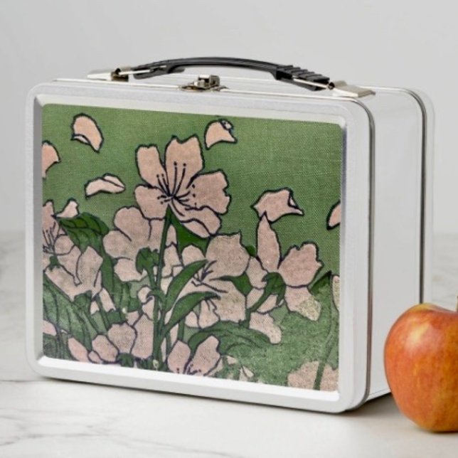 Pink Blossom Cascade Metal Box (Metal lunch box D: 6.75” l x 8.625” w x 3.75” h. 12 oz. Food safe tin plate. Choice of 6 base colors)