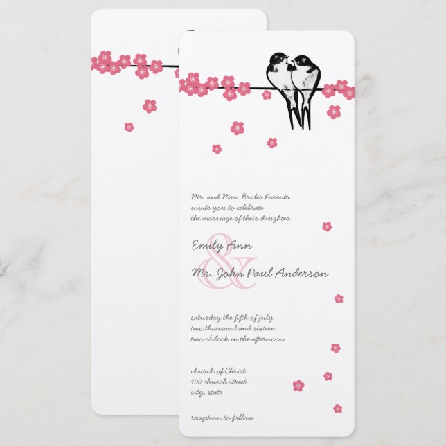 Pink Blossom Enchanted Forest Chickadee Wedding Invitation (Front/Back)