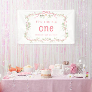 Pink Blossom Floral Frame 1st Birthday Party Banner