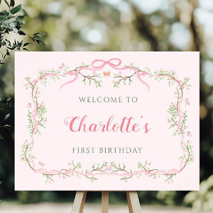 Pink Blossom Floral Frame 1st Birthday Welcome     Poster