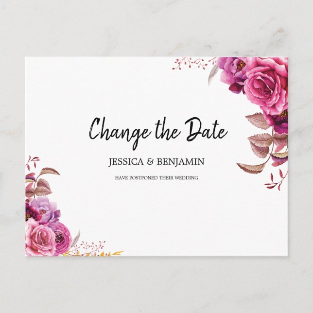 Pink Blossom Floral Postponed Change the Date Postcard (Front)