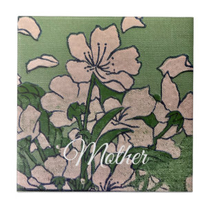 Pink Blossom Green Ceramic Tile