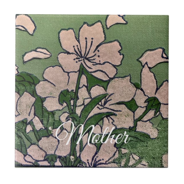 Pink Blossom Green Ceramic Tile (Front)