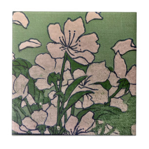 Pink Blossom Green Ceramic Tile
