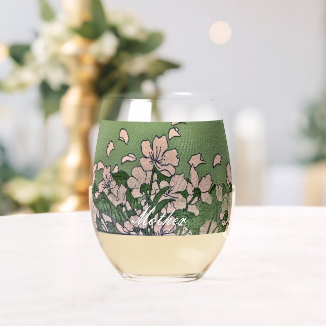 Pink Blossom Green Stemless Wine Glass (Insitu (Wedding))