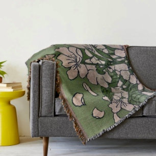 Pink Blossom Green Throw Blanket