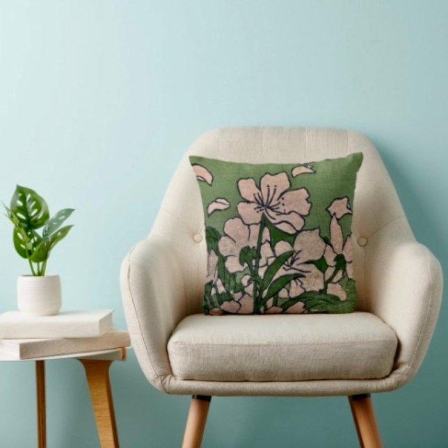 Pink Blossom Green Throw Pillow (Cozy throw pillow that accents any living room or bedroom with floral colour and style.

)