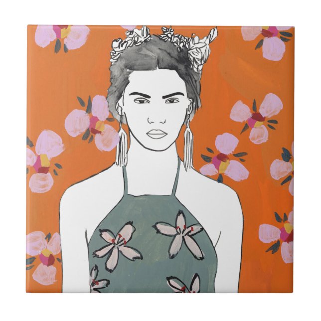 Pink Blossom Lady - Orange Ceramic Tile (Front)