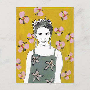 Pink Blossom Lady - Yellow Postcard