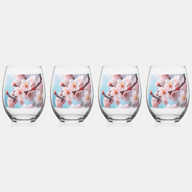Pink Blossom Magic  Stemless Wine Glass (Front)