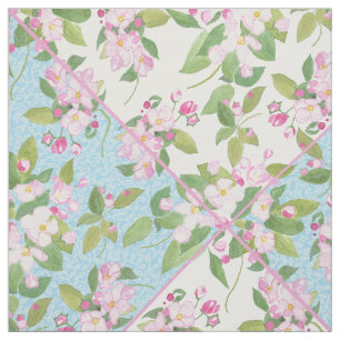Pink Blossom on Blue and White Faux Patchwork Fabric