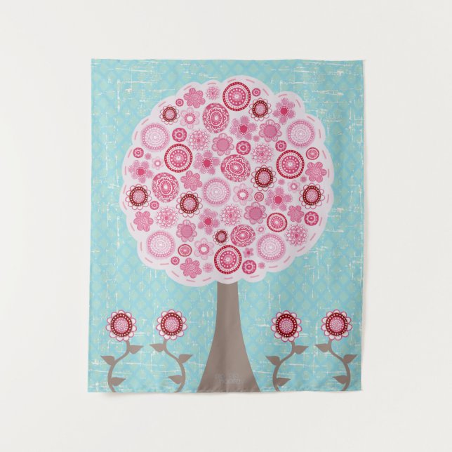 Pink Blossom Painted Art Tree Tapestry (Front)