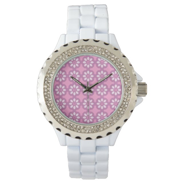 Pink Blossom Retro Tile Pattern Watch (Front)