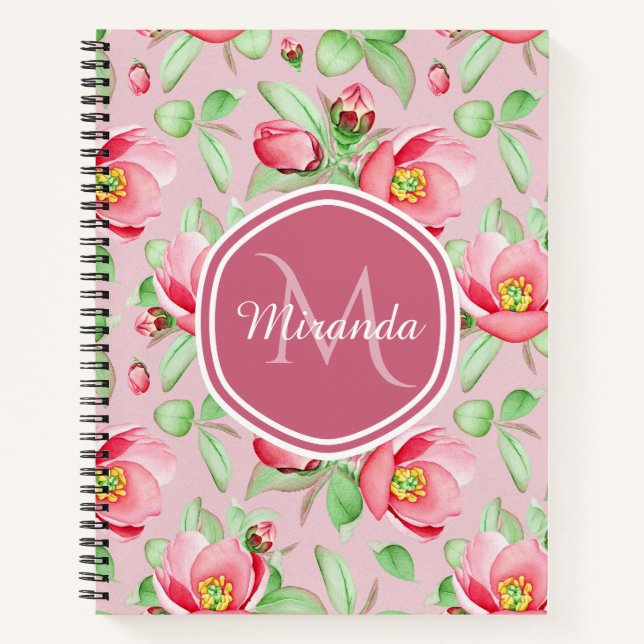 Pink Blossom Sage Monogram Name Notebook (Front)