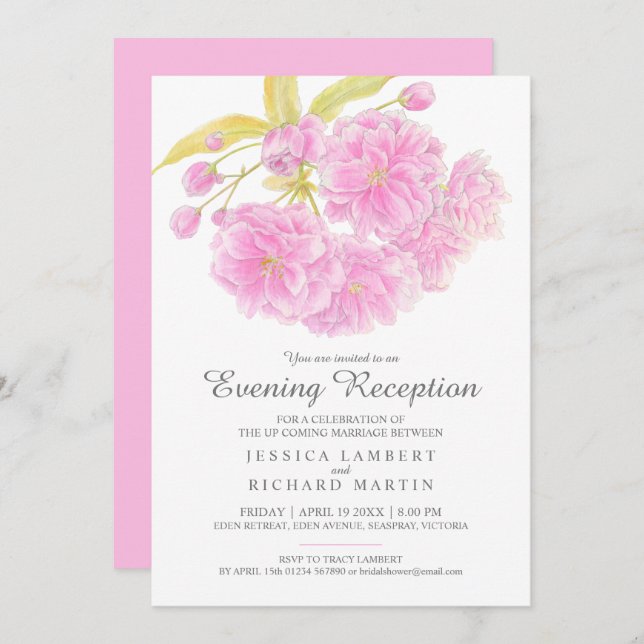 Pink blossom spring evening reception invites (Front/Back)