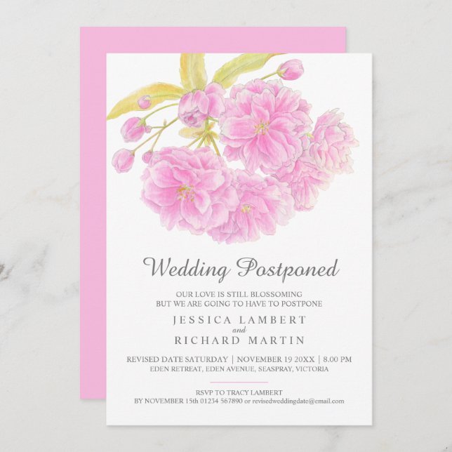 Pink blossom spring wedding postponed revised date invitation (Front/Back)