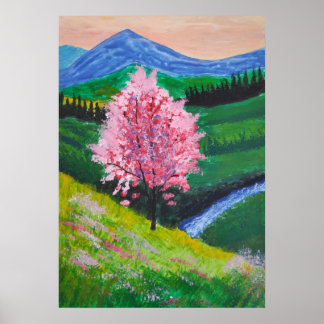 Pink Blossom Tree in green field Poster