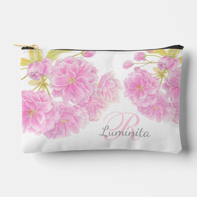 Pink blossom watercolor personalised name accessory pouch (Front)