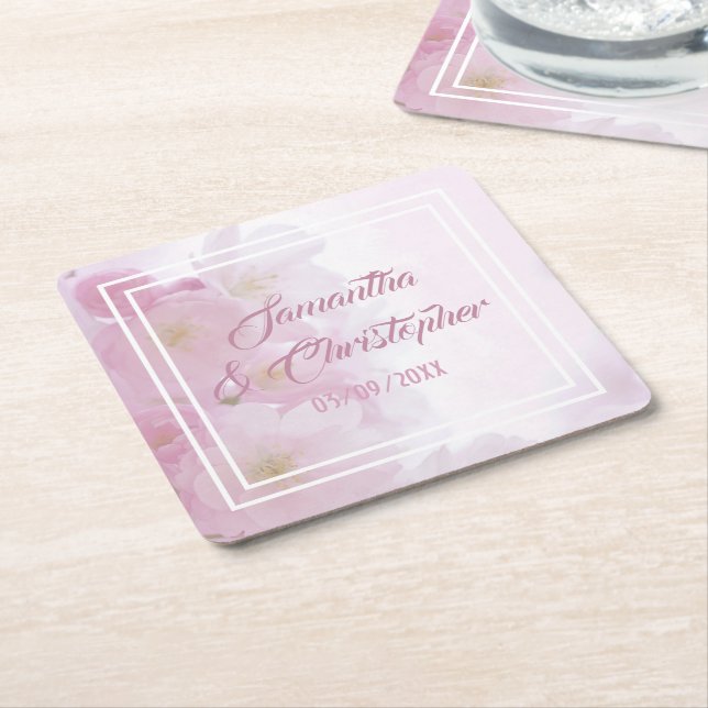 Pink blossom wedding square paper coaster (Angled)